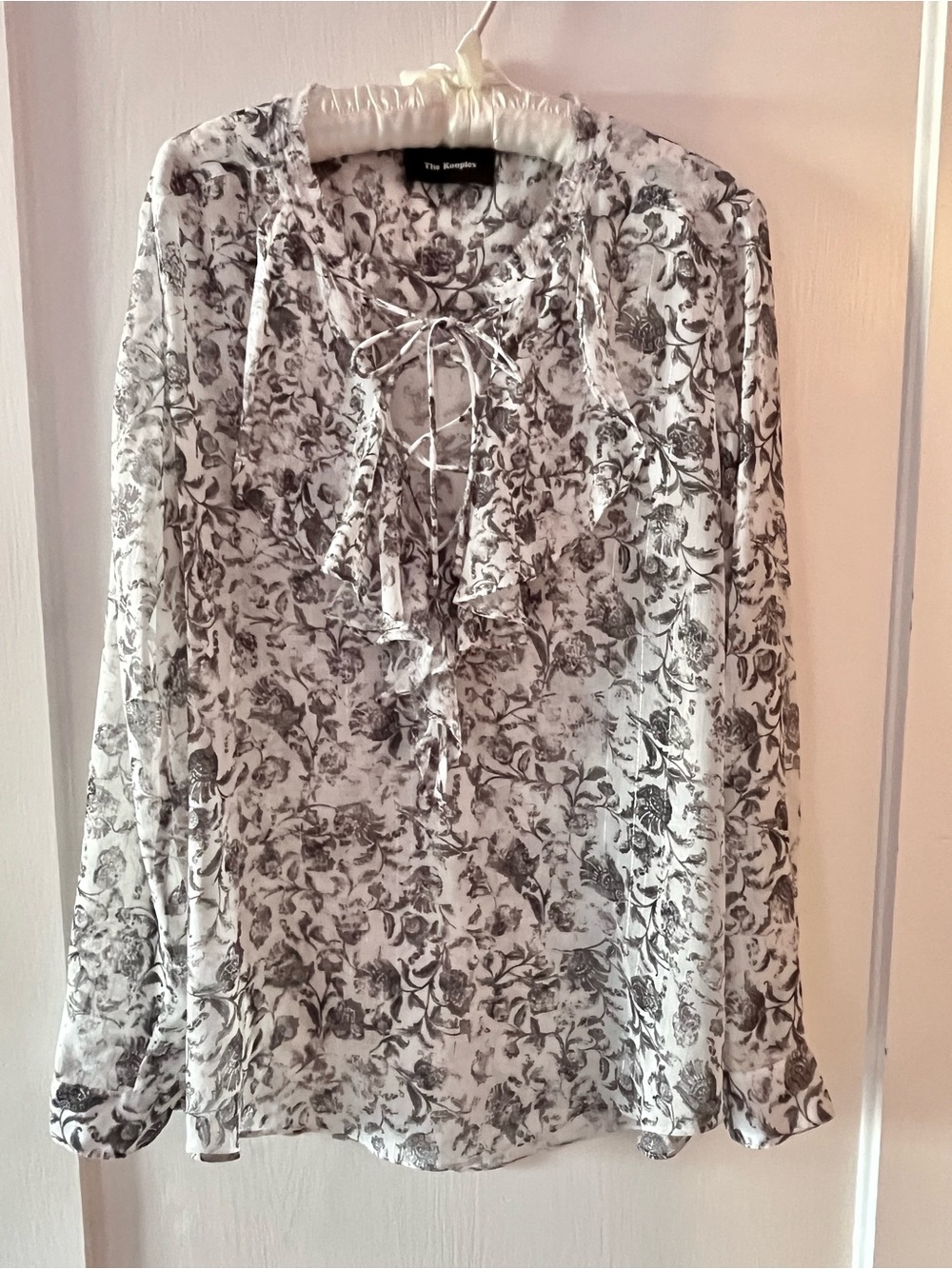 The Kooples White & Black Floral Tie-Detail Blouse with Ruffles & Button Cuffs